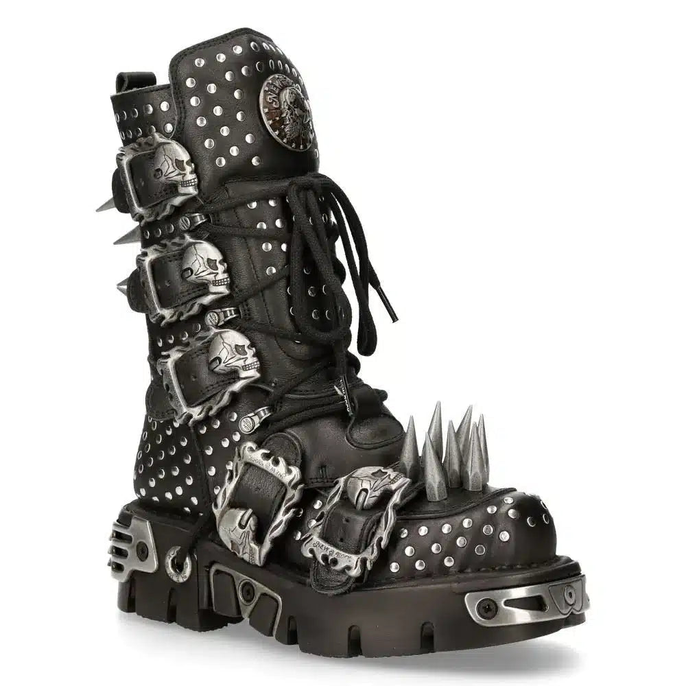 New Rock 1535-S1 Black Leather Military High Boots Metal Spikes