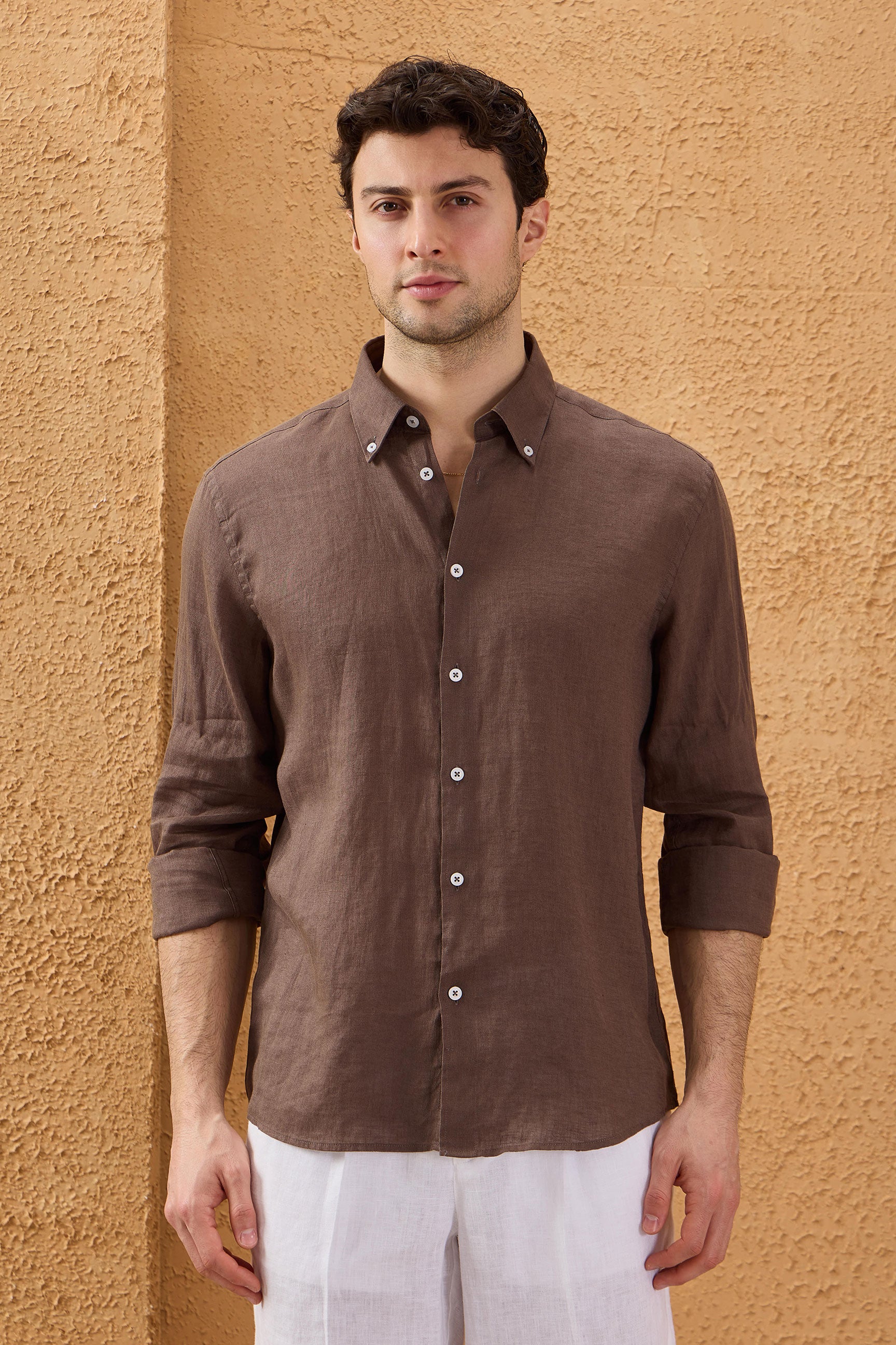 Men’s Dark Brown Pure Linen Shirt Long Sleeve Button-Down Summer Shirt