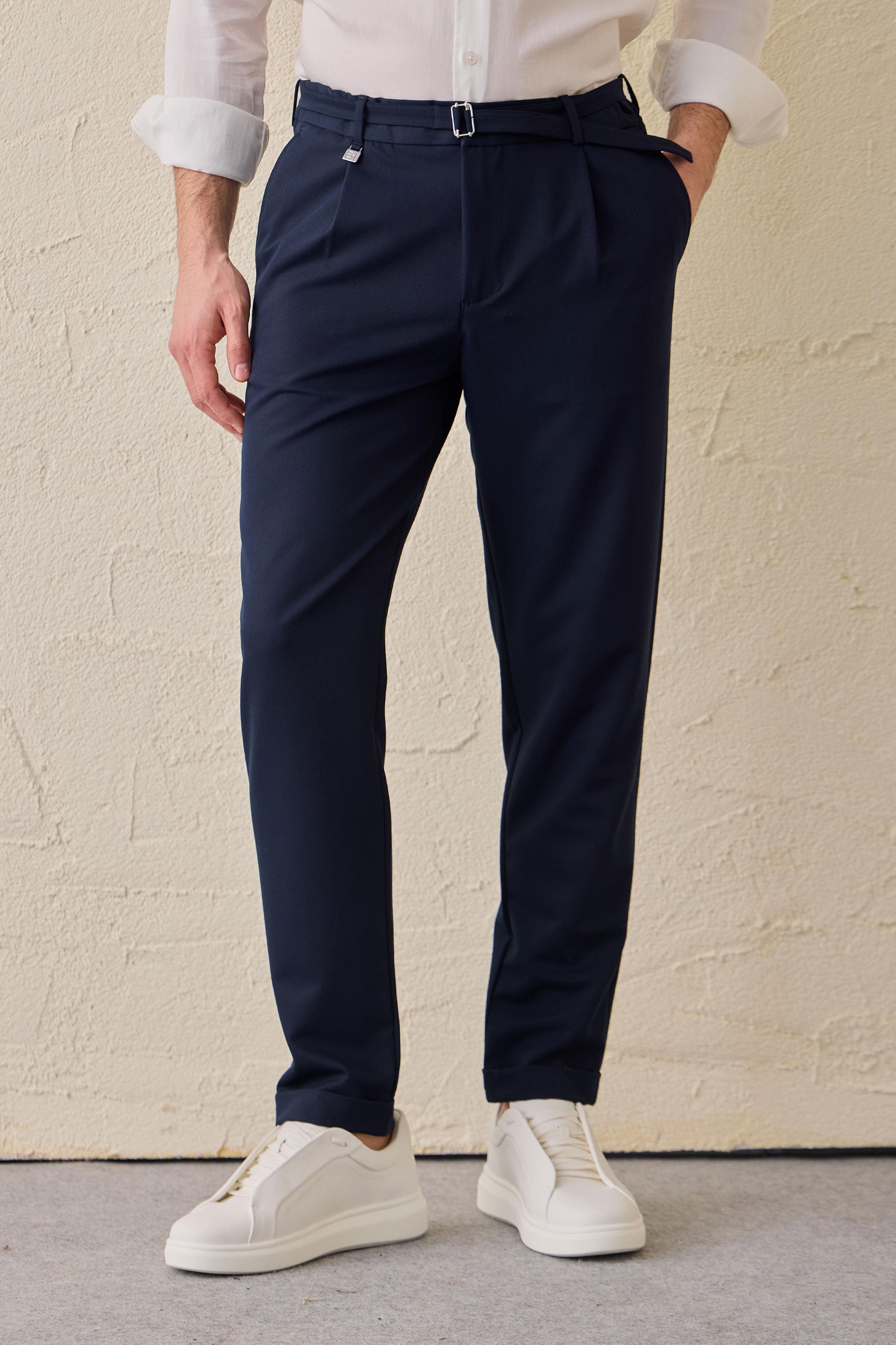 Men's Navy Pleated Gurkha Trousers Adjustable Waist Tailored
