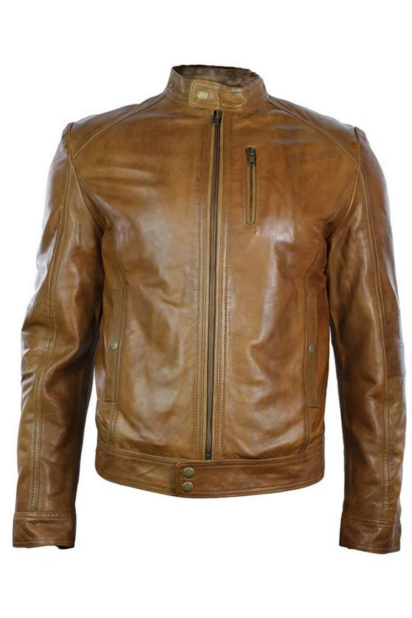 Real Leather Black Zipped Slim Fit Mens Biker Jacket Retro Vintage Smart Casual-Brown