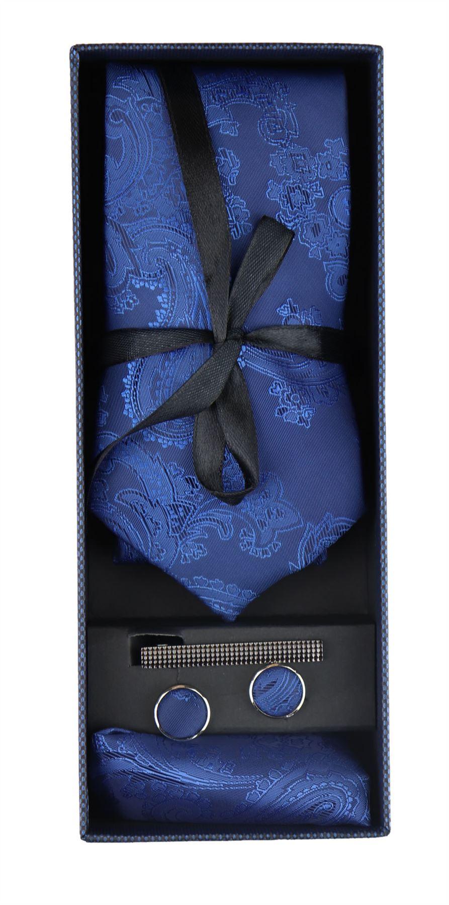 Paisley Neck Blue Tie Gift Set Pocket Square Cuff Links Tie Floral Satin