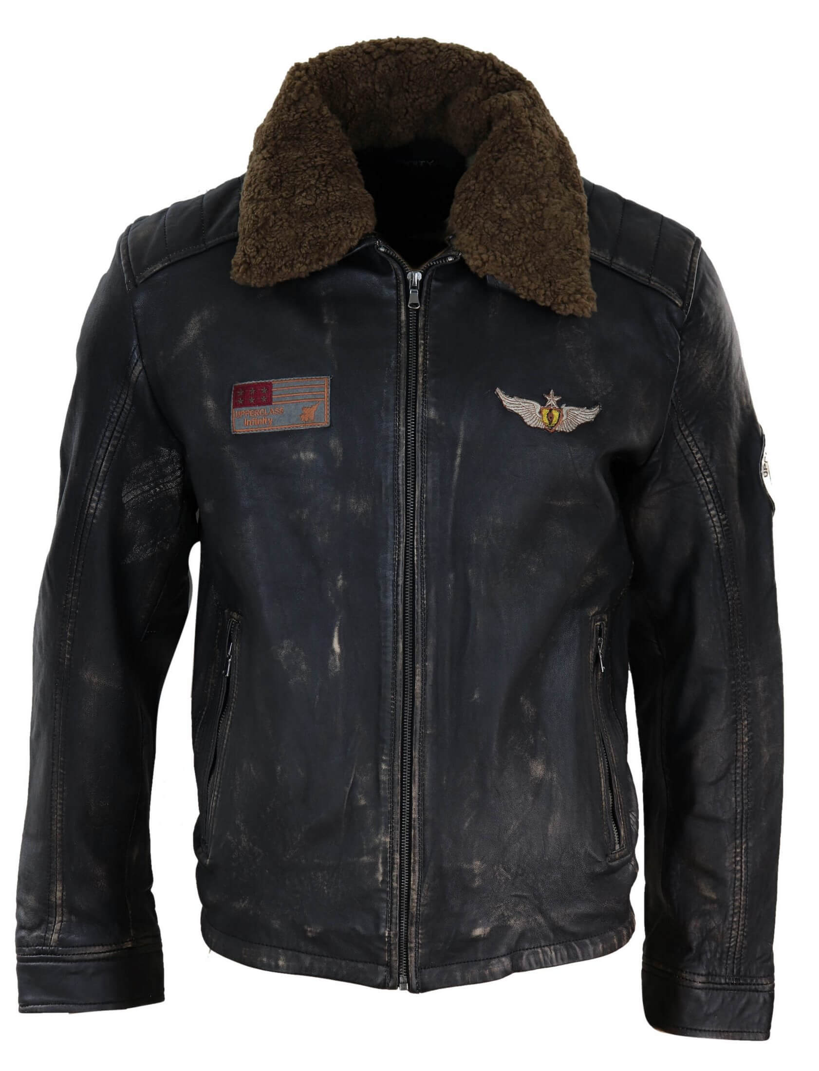 Mens Vintage Leather Jacket with Fur Collar: Buy Online Happy