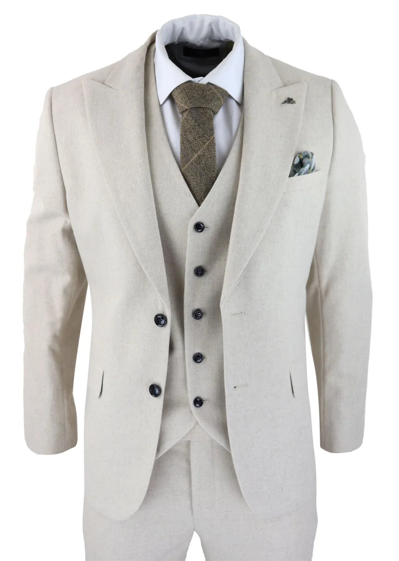 Mens Wool Piece Cream Beige Suit Slim Fit Classic Wedding Party