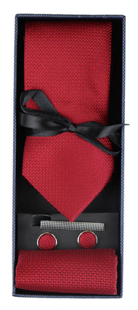 Satin Silk Textured Red Tie Gift Set Pocket Square Cuff Links Tie Matt Satin