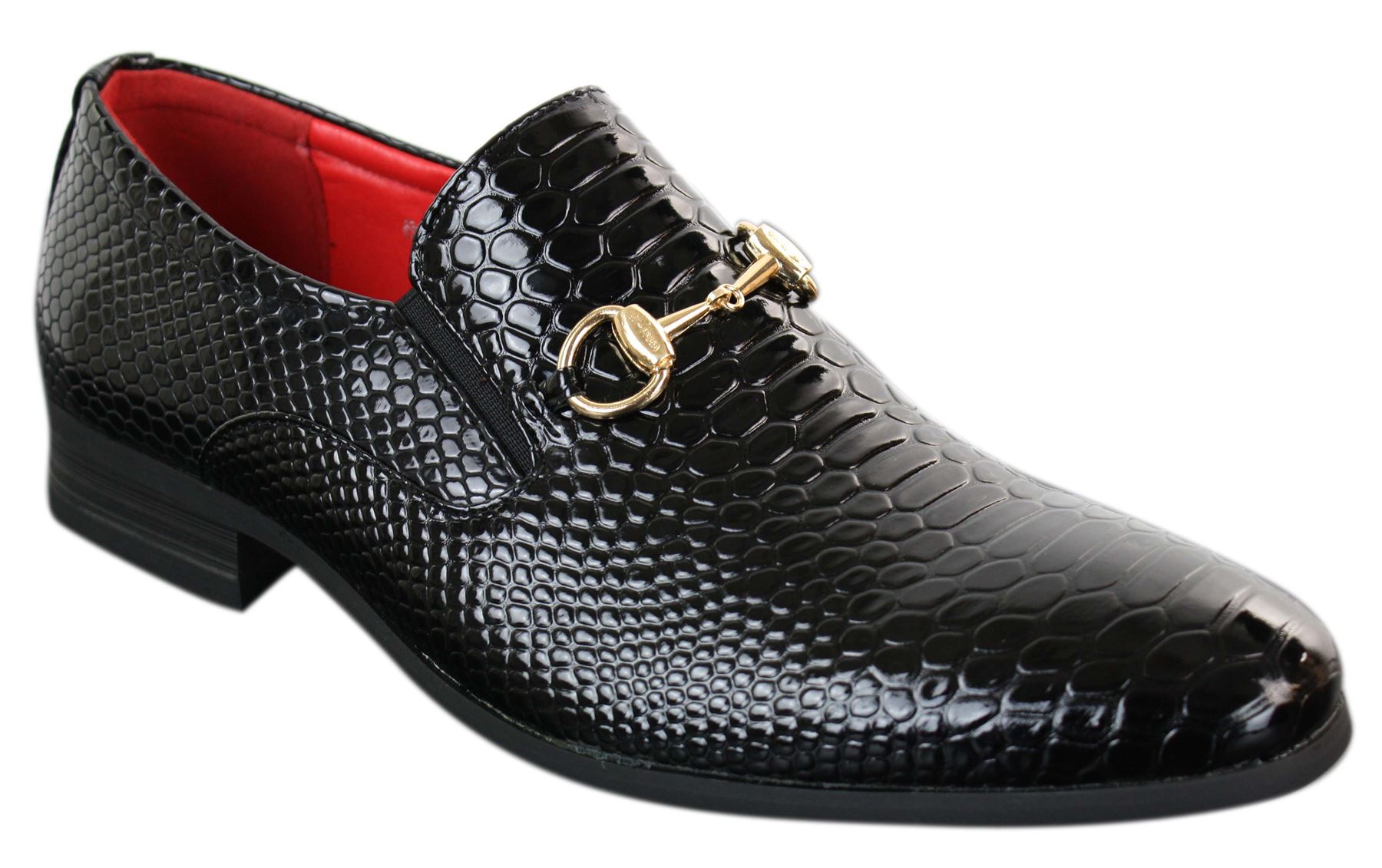 Patron 80058 Mens Black Patent Shiny Slip On PU Snake Crocodile Leather Shoes Gold Buckle Patron 80058 Mens Black Patent Shiny Slip On PU Snake Crocodile Leather Shoes Gold Buckle
