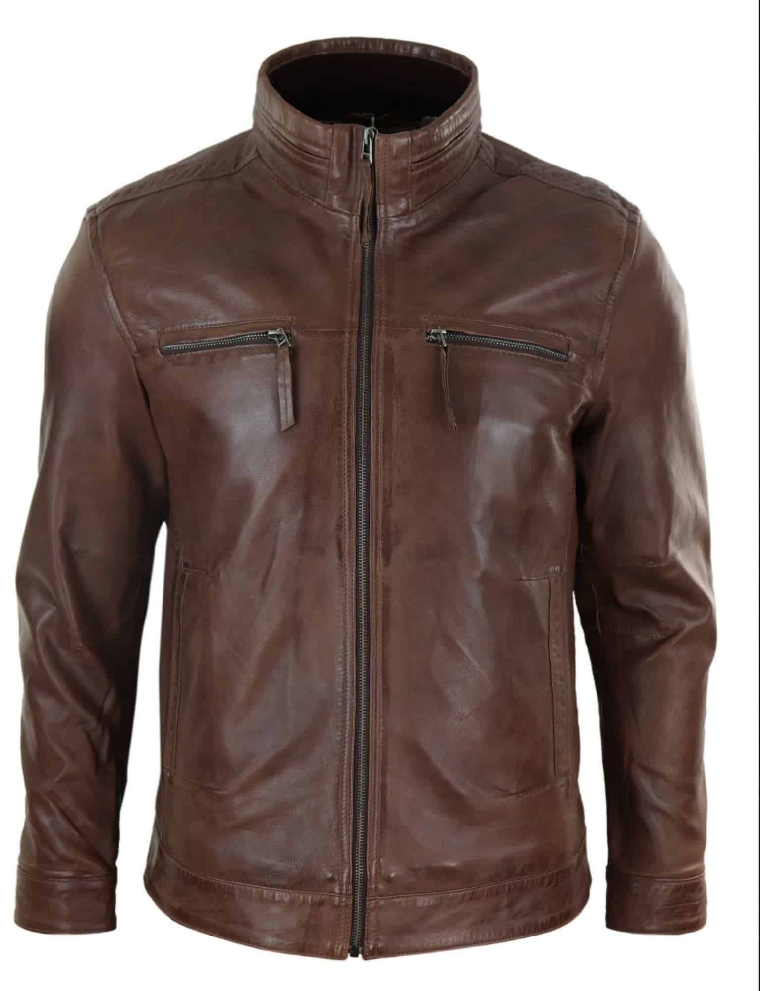 Real Leather Mens High Collar Jacket - Brown Real Leather Mens High Collar Jacket - Brown