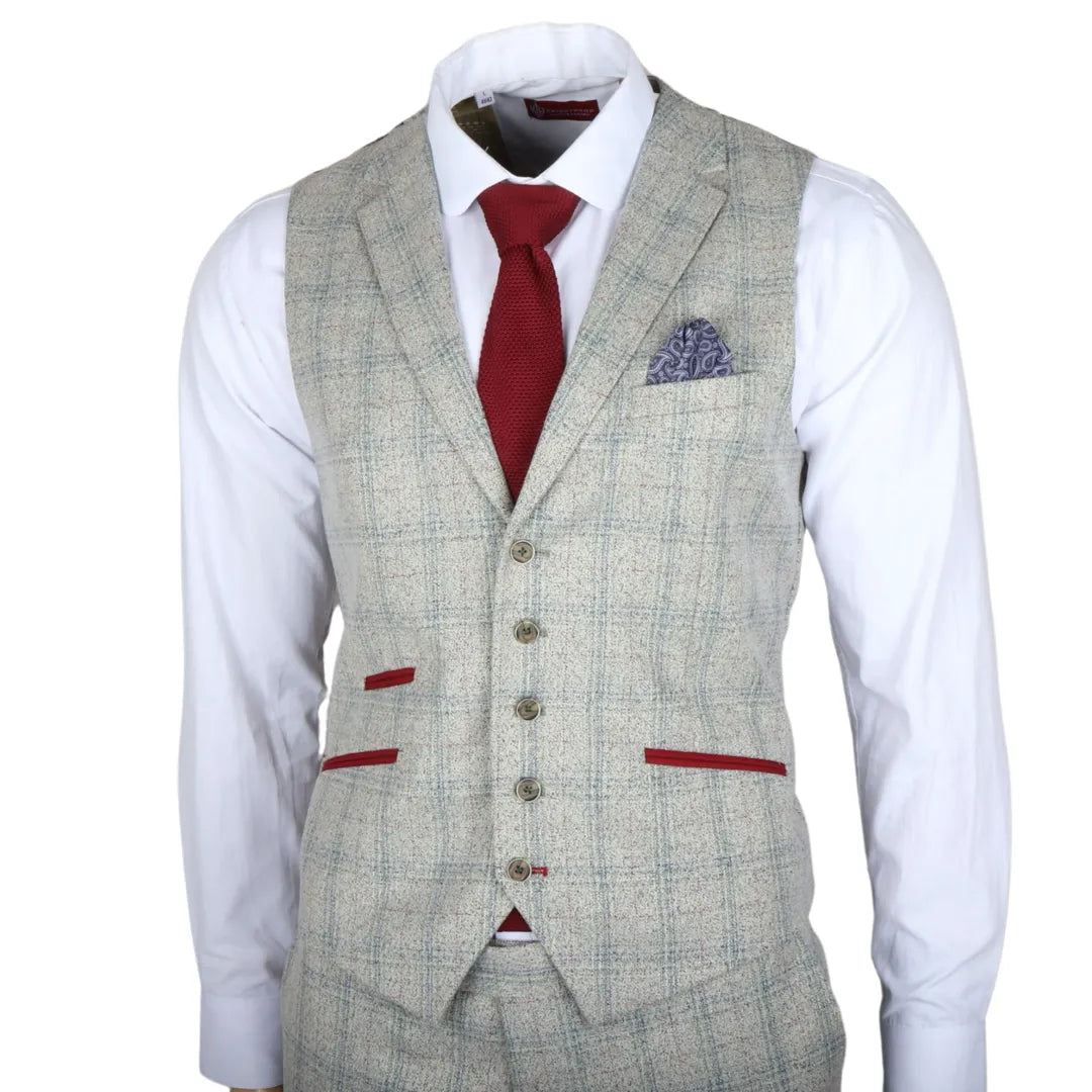 Andrew Men's 3-Piece Grey Checked Slim Fit Suit with Red Accents