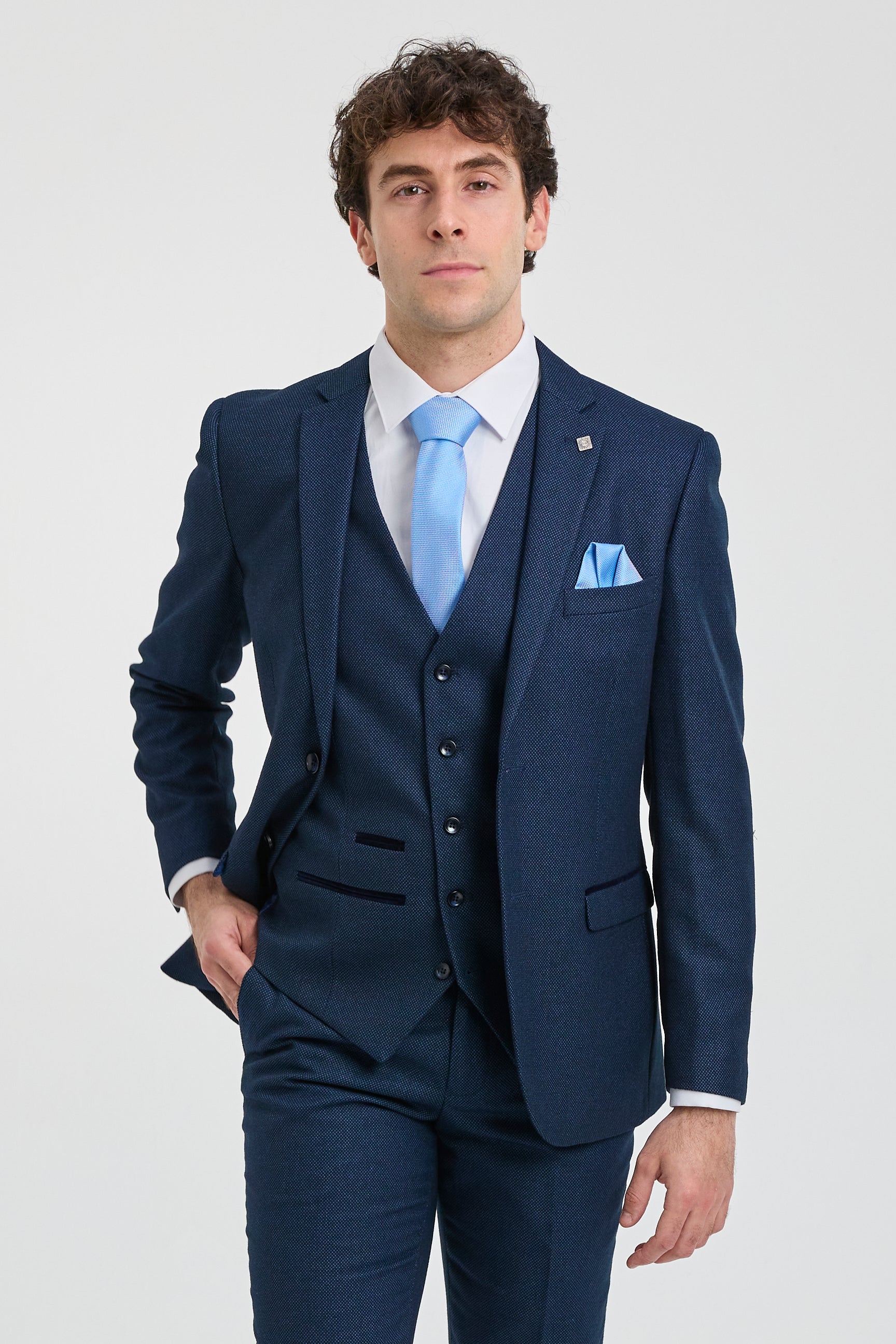 Mens Navy Blue 3 Piece Suit Birdseye Suit Wedding Prom Formal Smart Classic Mens Navy Blue 3 Piece Suit Birdseye Suit Wedding Prom Formal Smart Classic