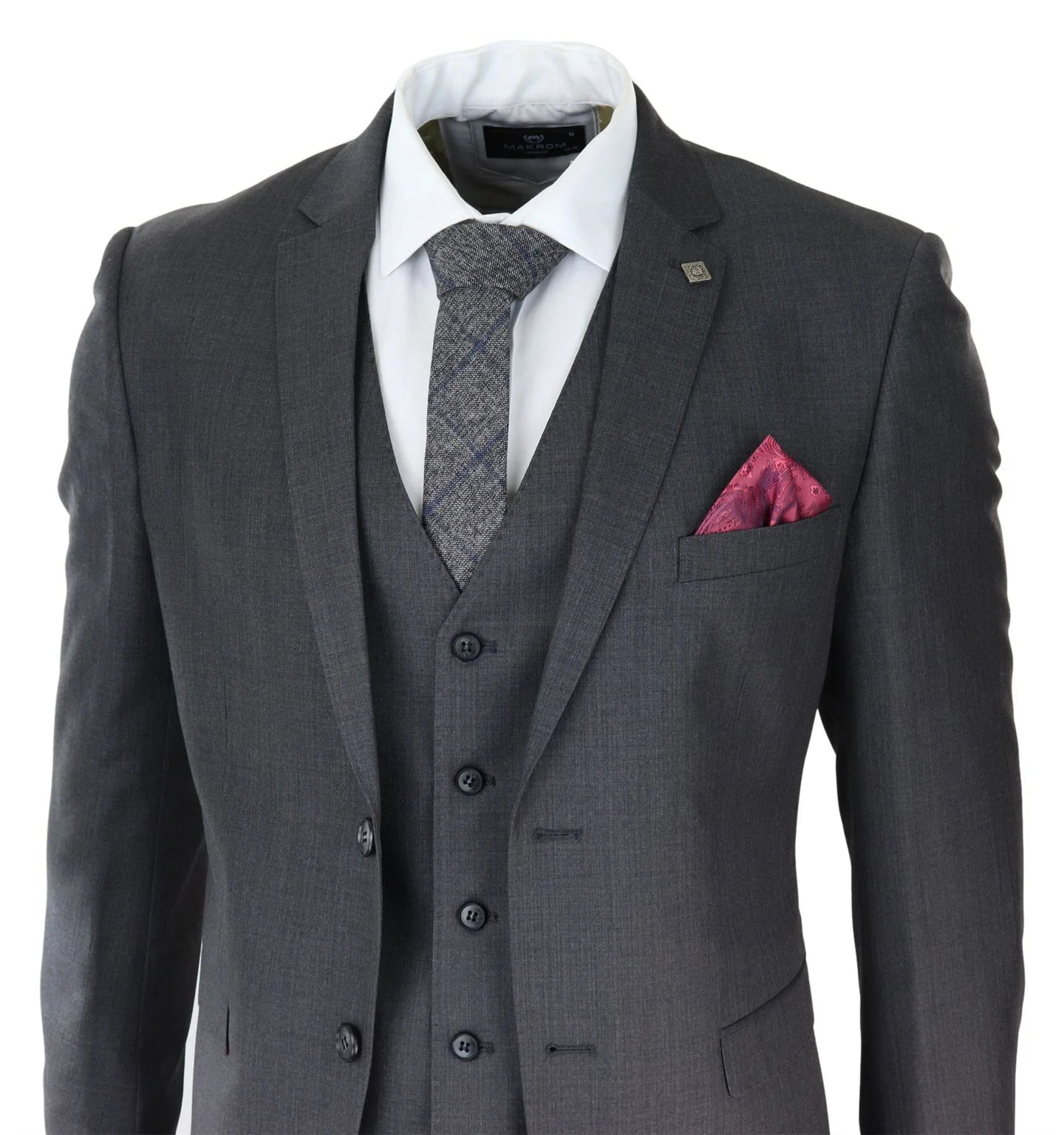 Mens Dark Grey Charcoal 3 Piece Suit Classic Stitch Wedding Summer Prom Classic