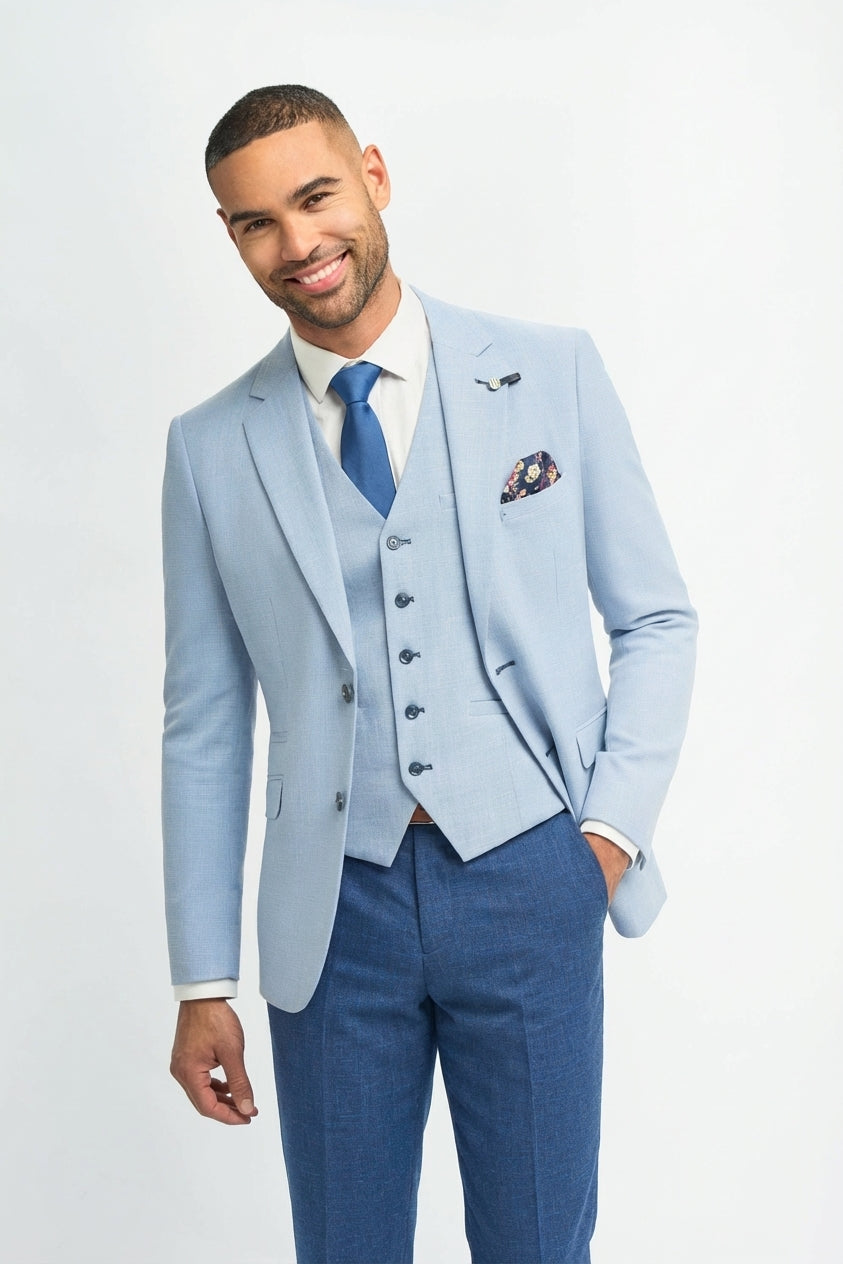 navy blue suit with light blue dress Men's Linen Sky Blue Summer Wedding Suit with Navy Trousers