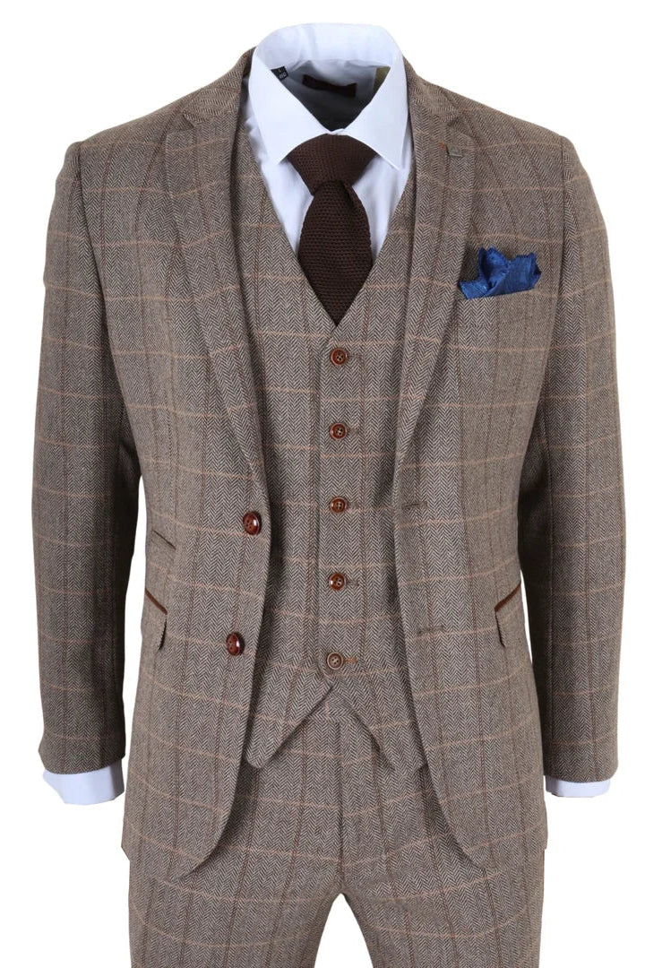 Harris - Men's Brown 3 Piece Herringbone Check Tweed Suit - Buy