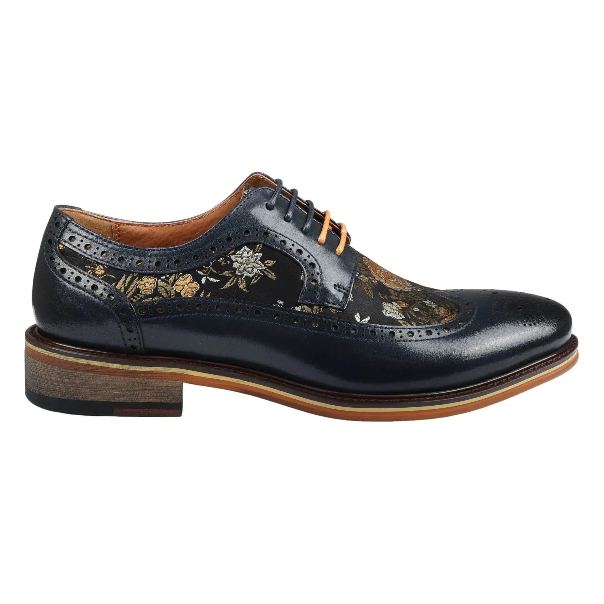 Ross - Men's Floral Print Leather Navy Brogue Shoes Ross - Men's Floral Print Leather Navy Brogue Shoes