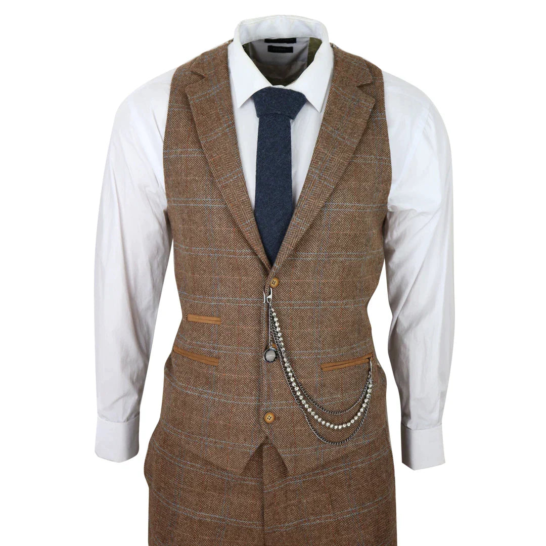 Men's 3 Piece Suit Wool Tweed Herringbone Tan Brown Blue Check 1920s Gatsby