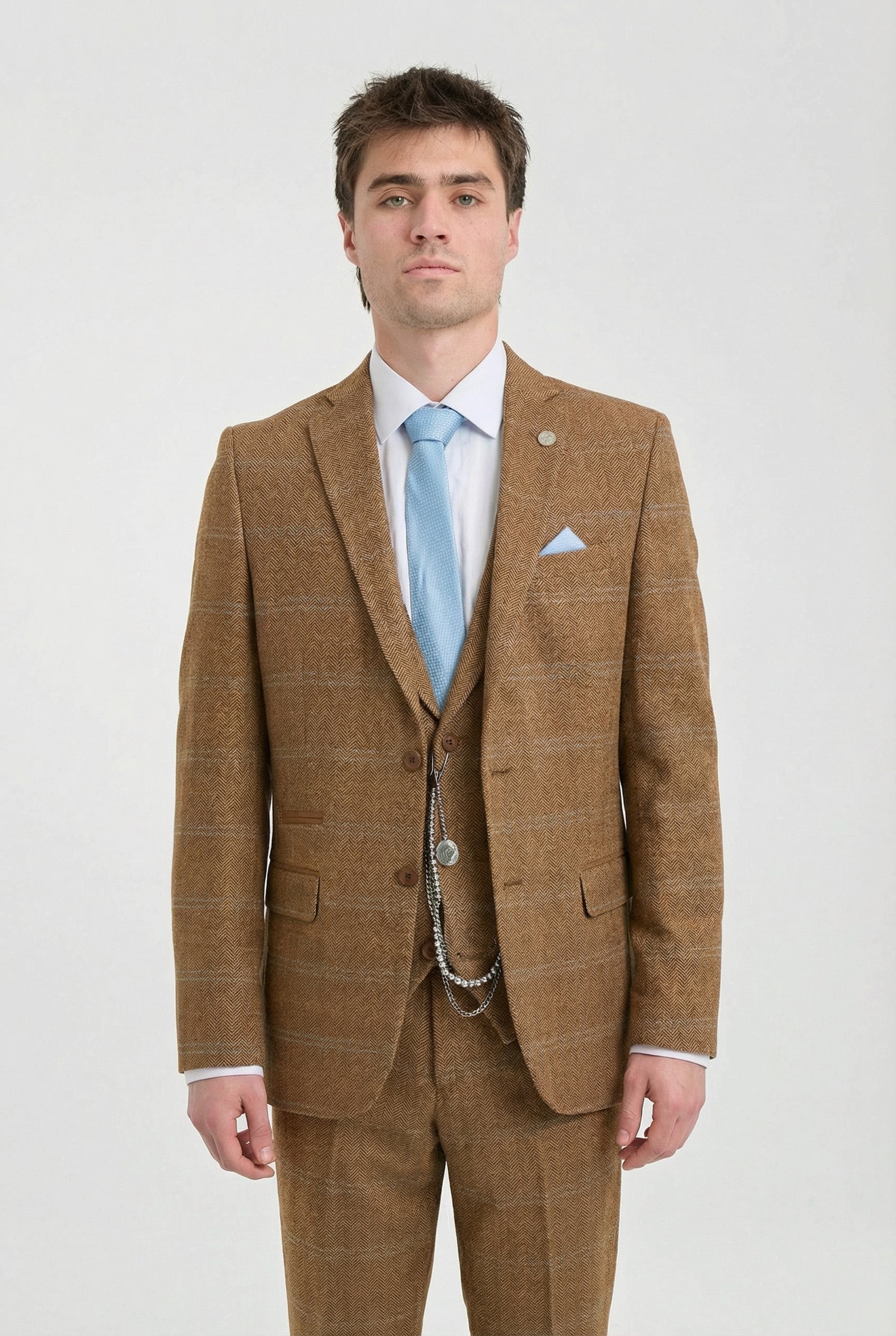 Men's 3 Piece Suit Wool Tweed Herringbone Tan Brown Blue Check 1920s Gatsby Men's 3 Piece Suit Wool Tweed Herringbone Tan Brown Blue Check 1920s Gatsby
