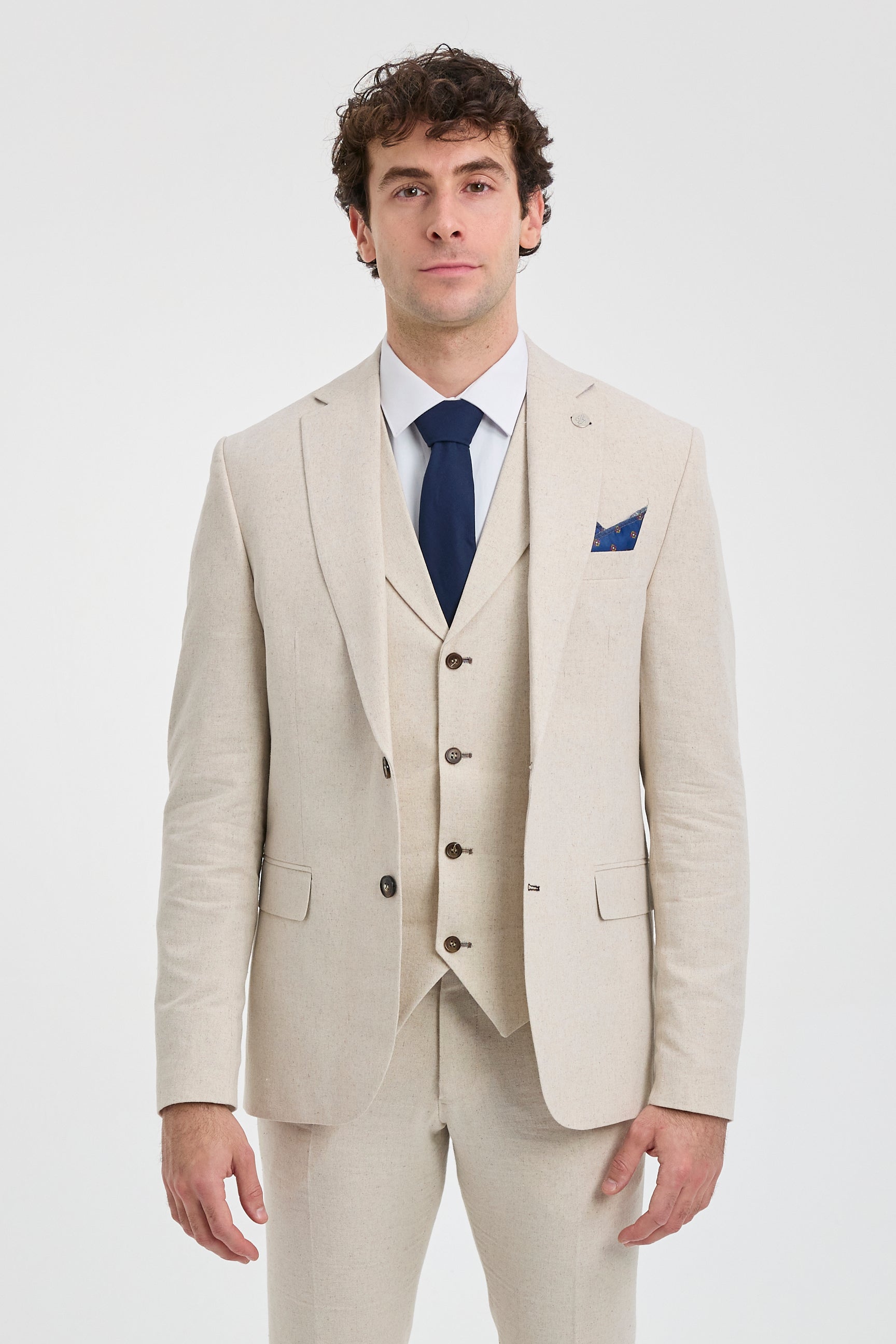 TP-21 Men's Beige 3-Piece Linen Summer Wedding Suit TP-21 Men's Beige 3-Piece Linen Summer Wedding Suit
