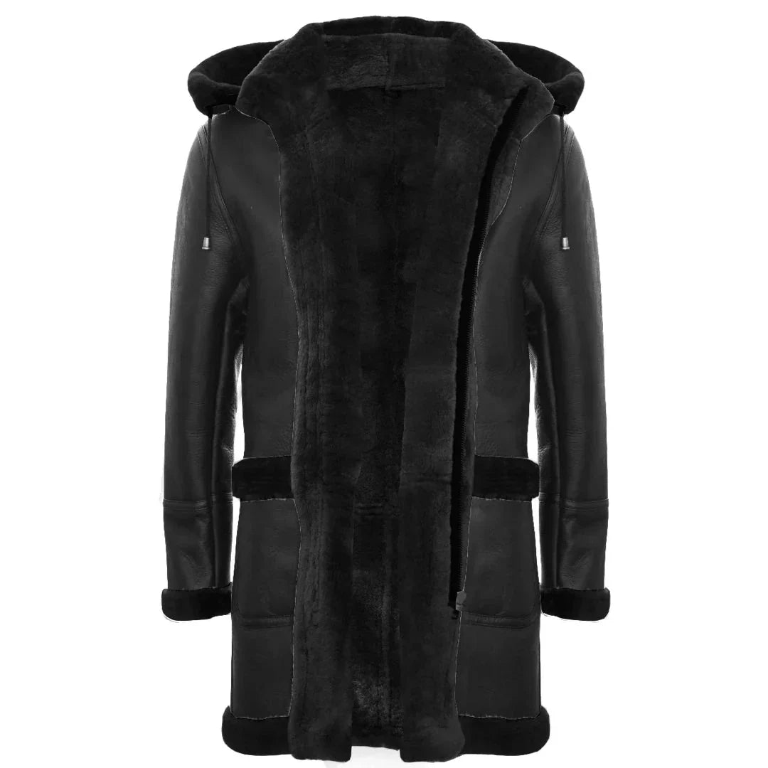 Men's Shearling Sheepskin Duffle Coat WW2 UK Winter 3/4 Leather Hood
