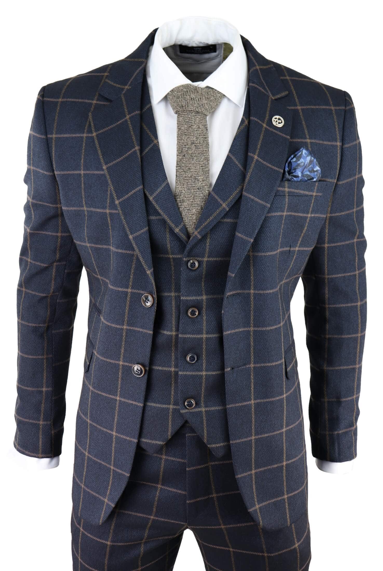 Men's Navy-Blue Windowpane Check Piece Suit: Buy Online Happy