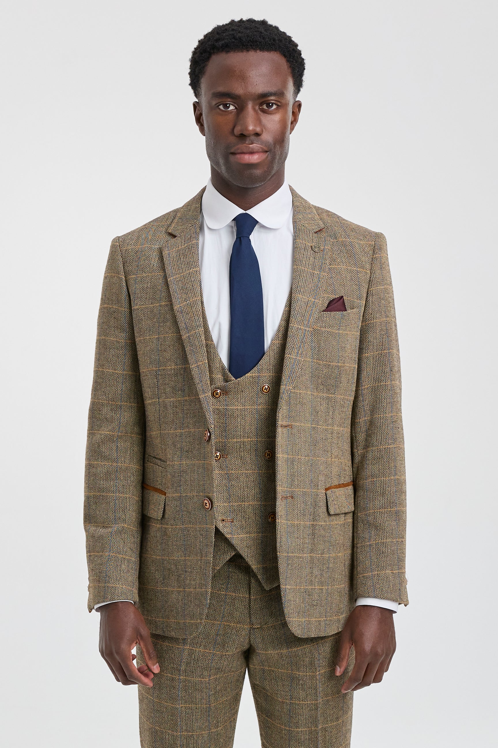 Mens 3 Piece Herringbone Tweed Tan Brown Check Suit Tailored Fit