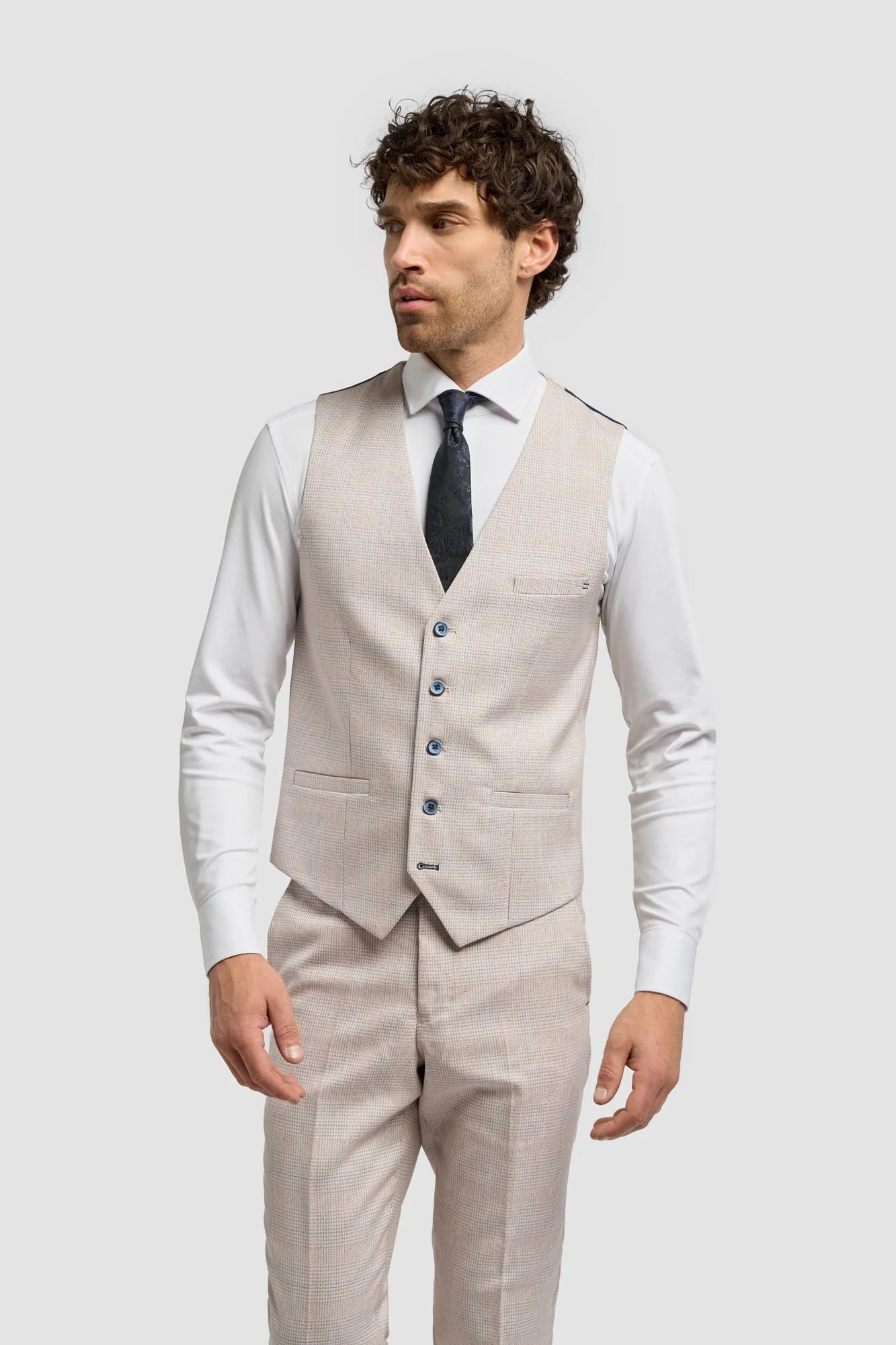 shein beige dress Aesido Beige 3 Piece Peak Lapel Men's Suit (Blazer+Vest+Pants) main image 1