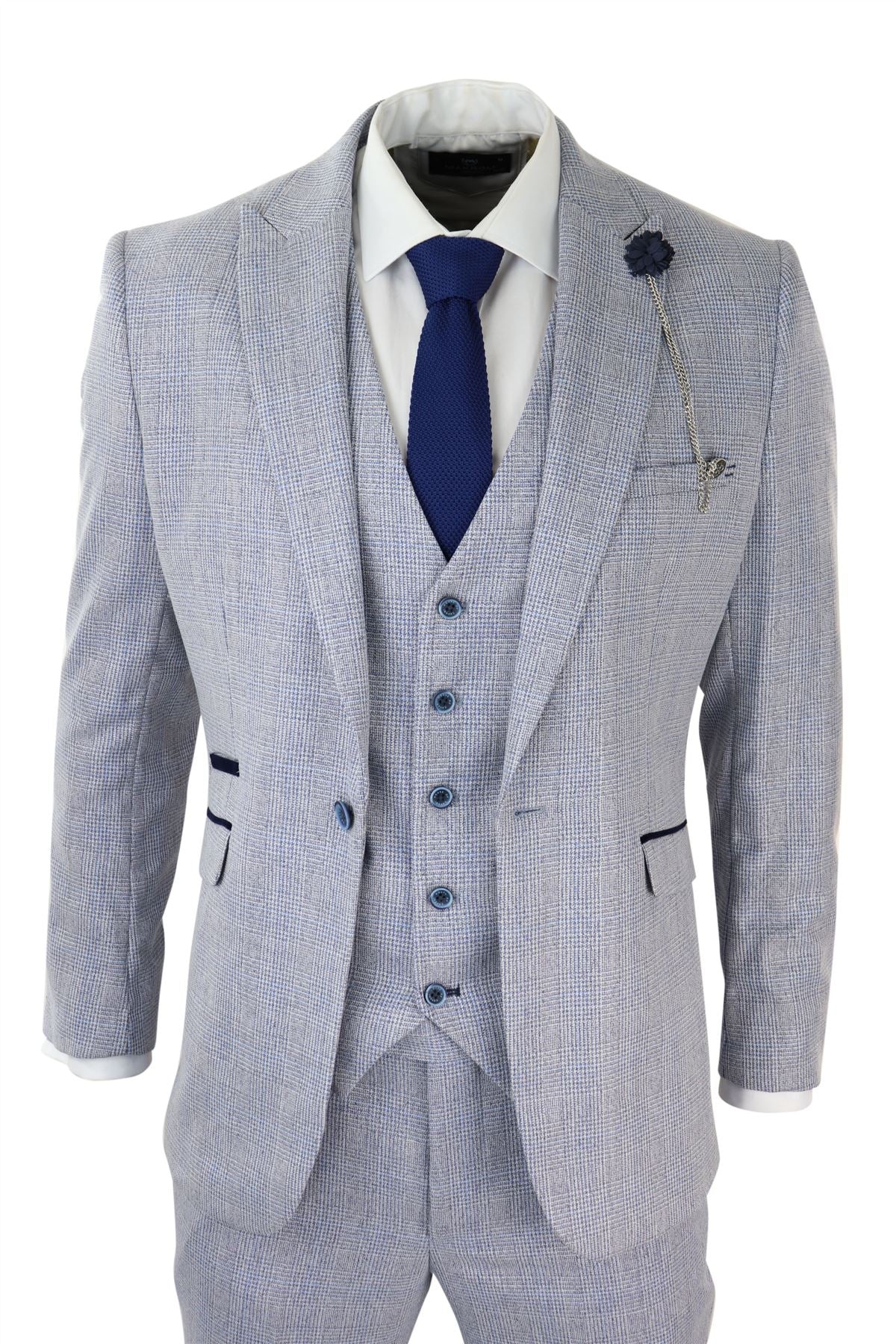 Mens Piece Check Suit Tweed Light Blue Tailored Fit Wedding