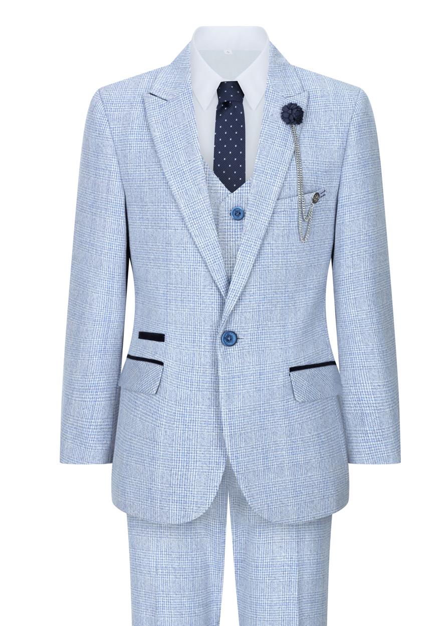 Boys Piece Check Suit Tweed Light Blue Tailored Fit Wedding
