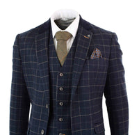 Cavani Shelby - Mens Navy Blue 3 Piece Herringbone Check Suit Vintage Retro Peaky Blinders Tweed