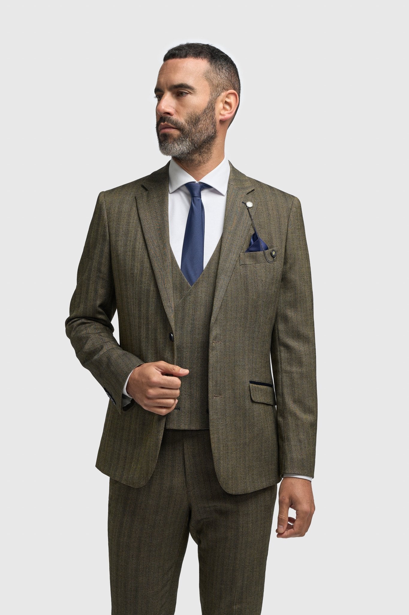 Men's Olive Green 3 Piece Herringbone Tweed Suit - Buy Online at Happy Gentleman Men's Olive Green 3 Piece Herringbone Tweed Suit - Buy Online at Happy Gentleman