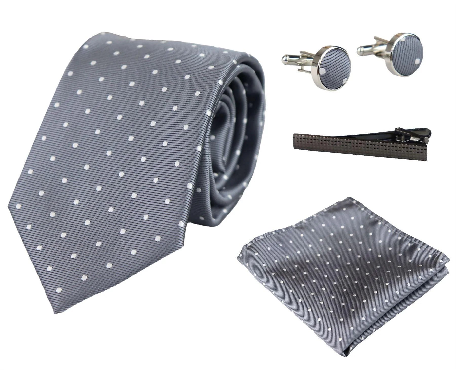 Dotted Silver Neck Tie Gift Set Pocket Square Cuff Links Tie Pin