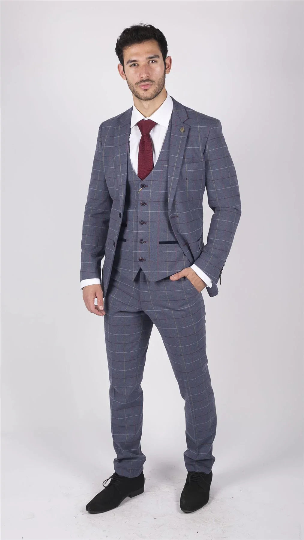 Mens Marc Darcy Blue Grey Red Check 3 Piece Suit Smart Casual Tweed Slim Fit Drake