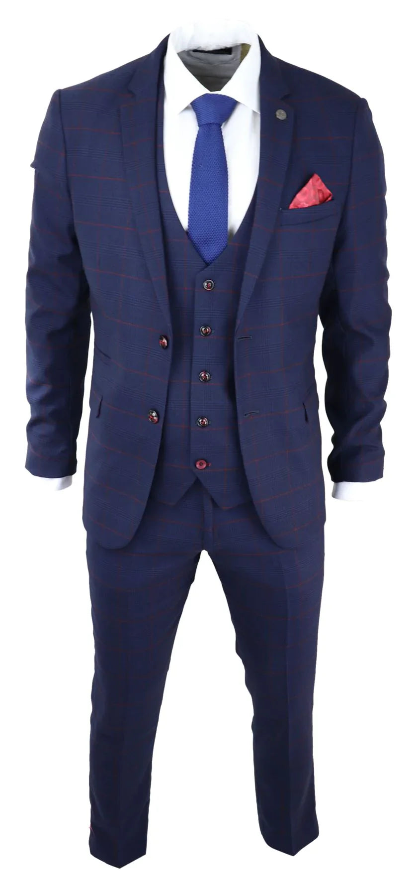 Mens Navy Check 3 Piece Suit Red Edinson Marc Darcy Classic Vintage Wedding