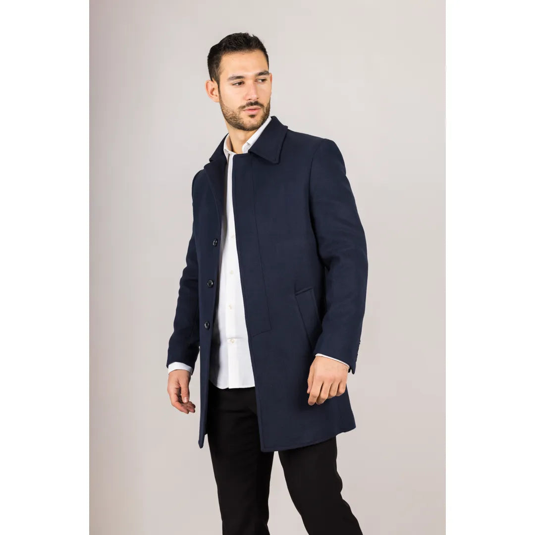 Men's Classic Collar Wool Blend Navy Overcoat: Buy Online Happy