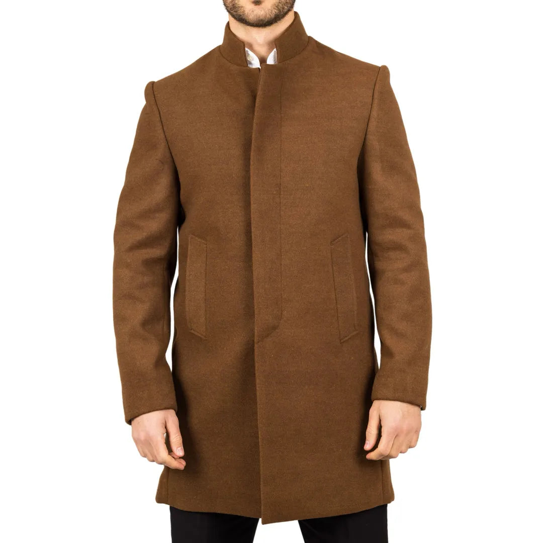 brown dress coat Men's Stand Collar Wool Blend Brown Overcoat