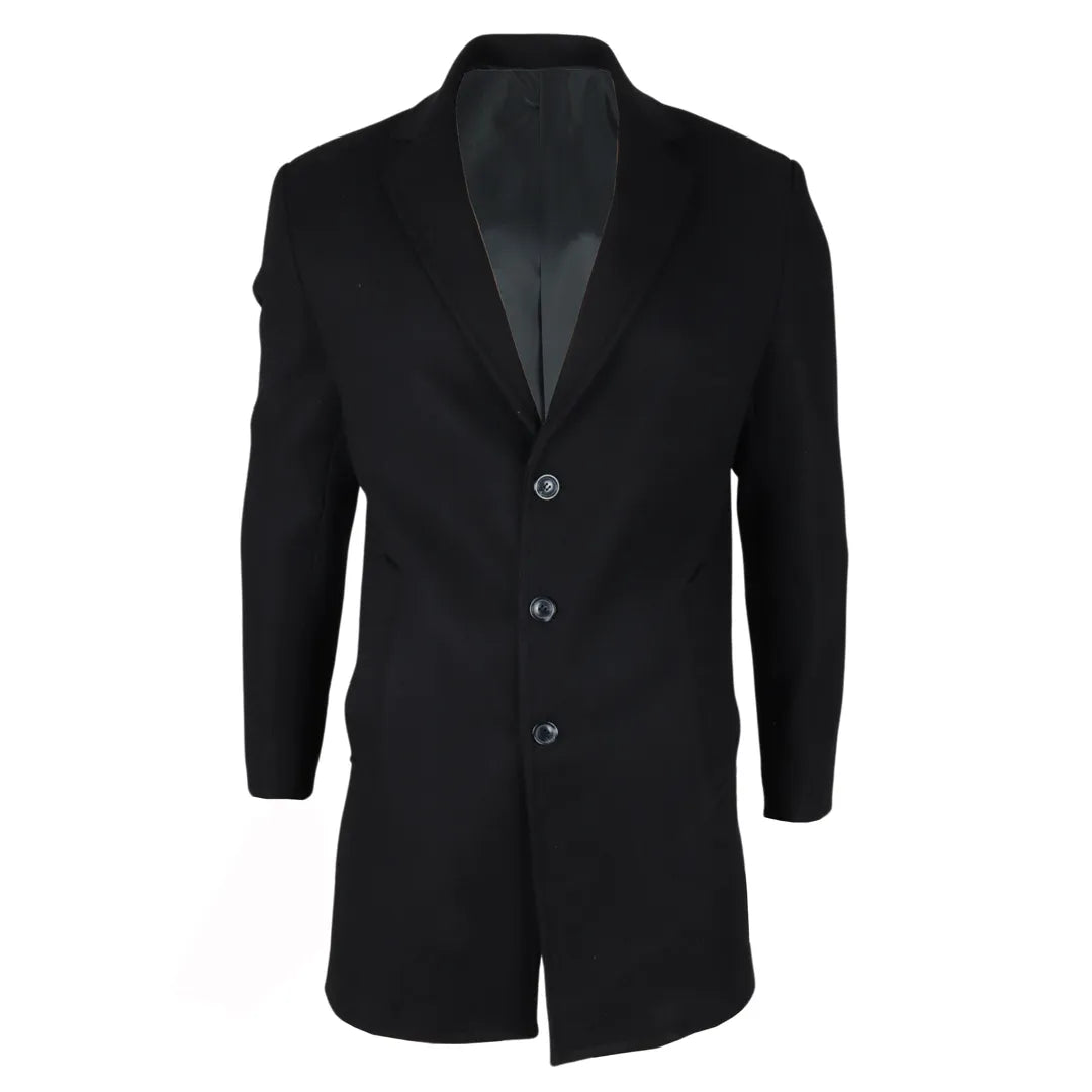 Men's Notched Lapel Collar Wool Blend Black Overcoat Men's Notched Lapel Collar Wool Blend Black Overcoat