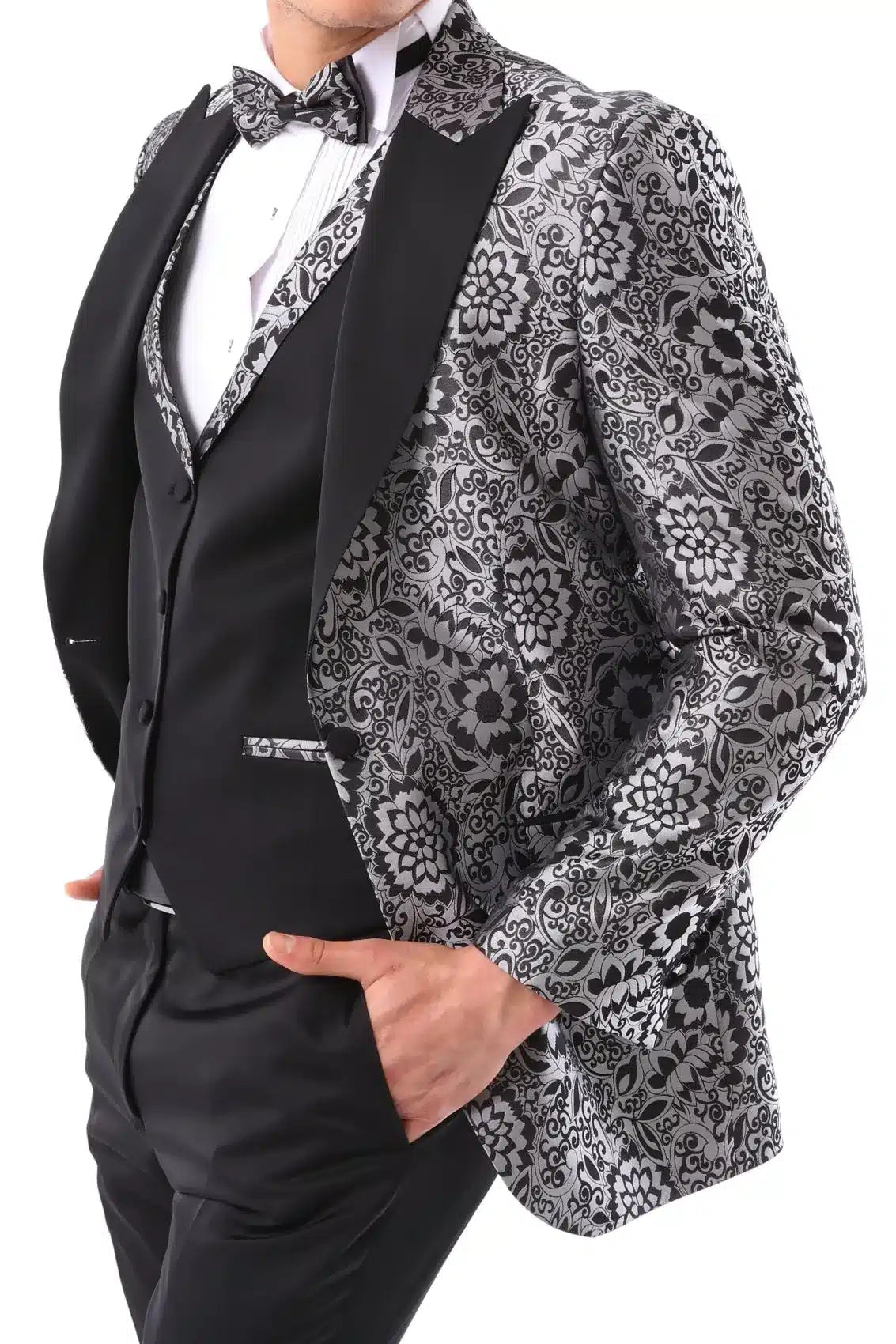 Mens Silver Floral Black Tuxedo Suit Piece Wedding Prom Party