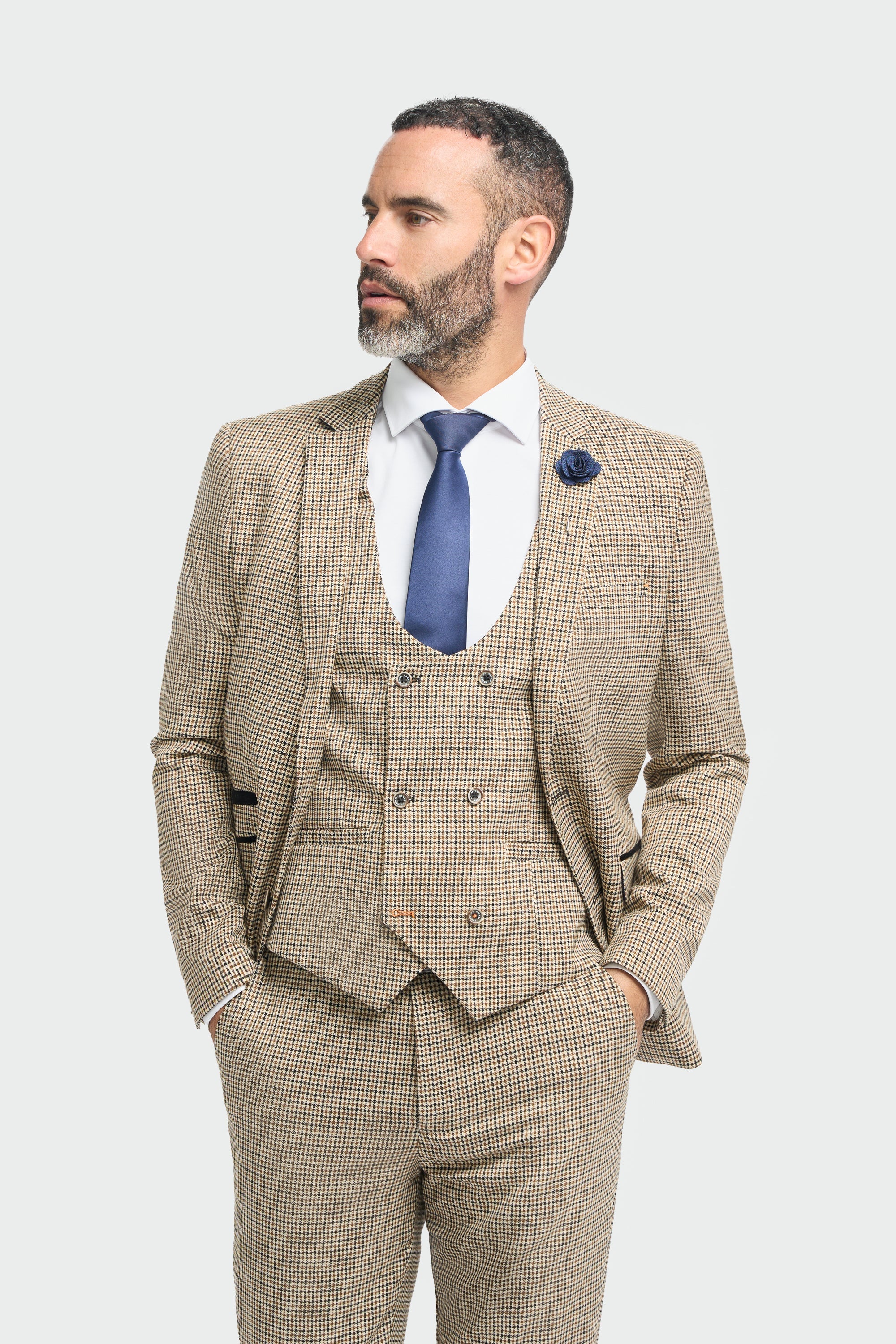 Mens Beige Navy Check Suit