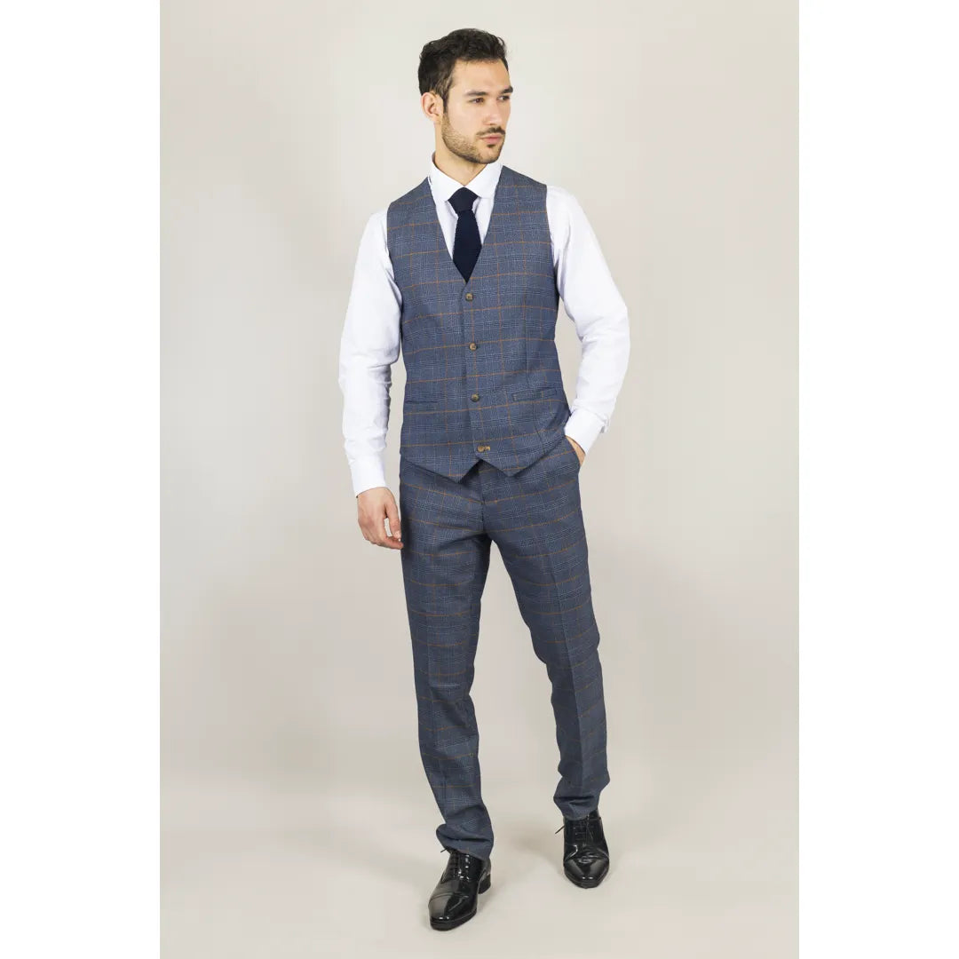 Gisborne Men's 3-Piece Navy Checked Suit with Mustard Accents