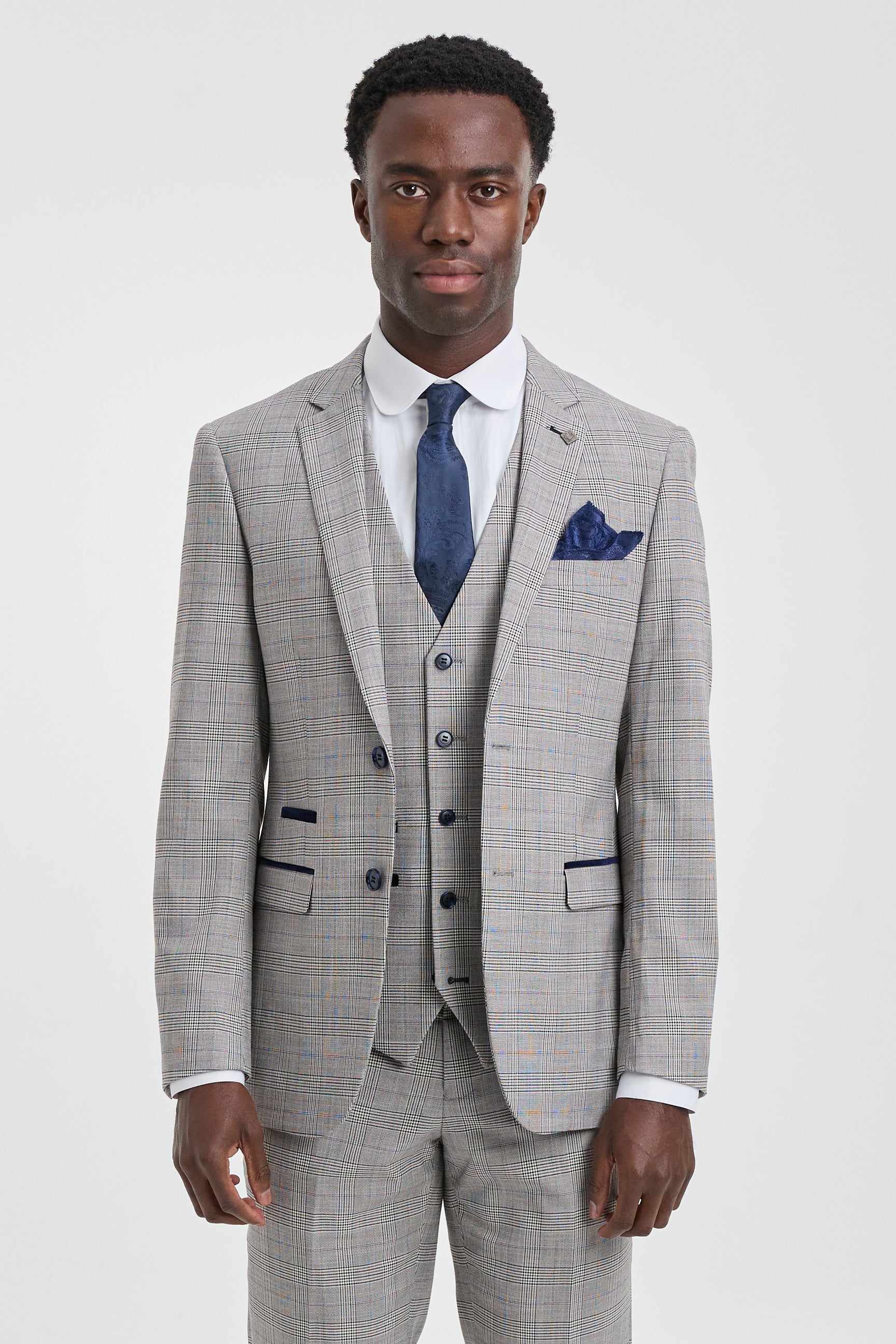 Hugo Men's Light Grey 3-Piece Suit with Navy Blue Check and Velvet Trims Hugo Men's Light Grey 3-Piece Suit with Navy Blue Check and Velvet Trims