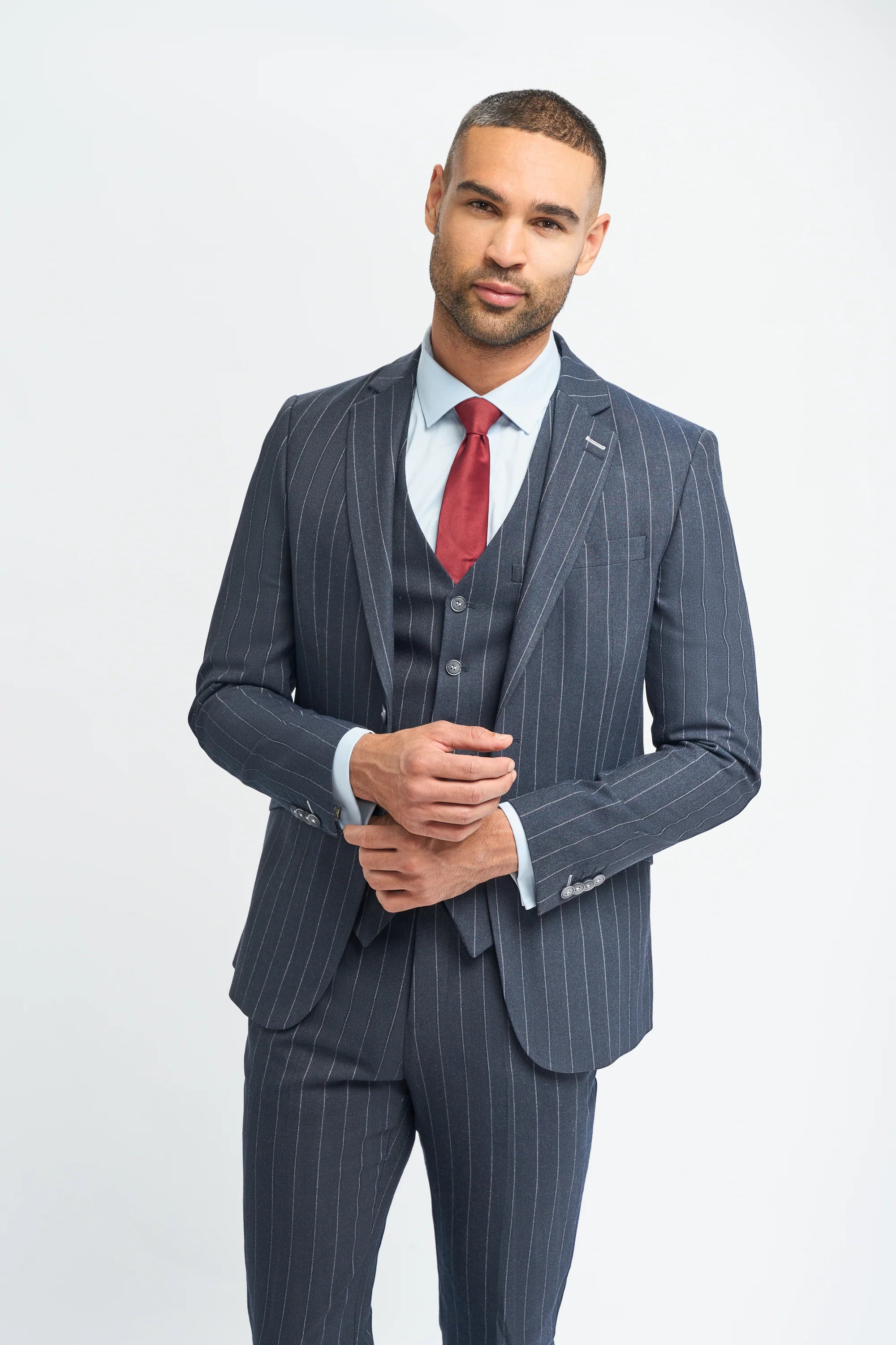 Mens 3 Piece Suit Pin Stripe Navy Classic Vintage Retro 1920s