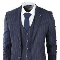 Mens 3 Piece Suit Pin Stripe Navy Classic Vintage Retro 1920s Tailored Fit Wedding