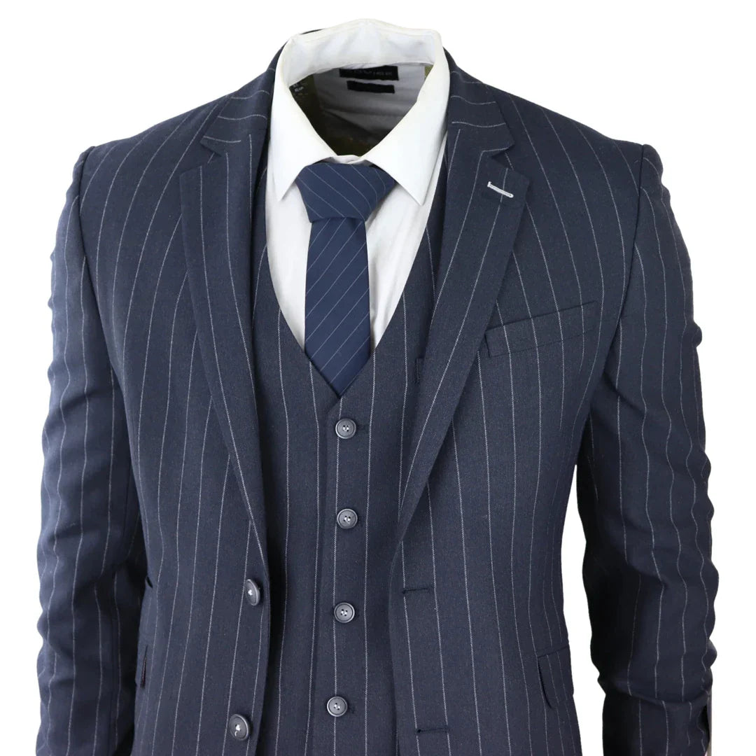 Mens 3 Piece Suit Pin Stripe Navy Classic Vintage Retro 1920s Tailored Fit Wedding
