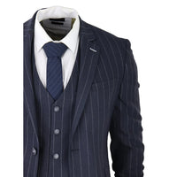 Mens 3 Piece Suit Pin Stripe Navy Classic Vintage Retro 1920s Tailored Fit Wedding