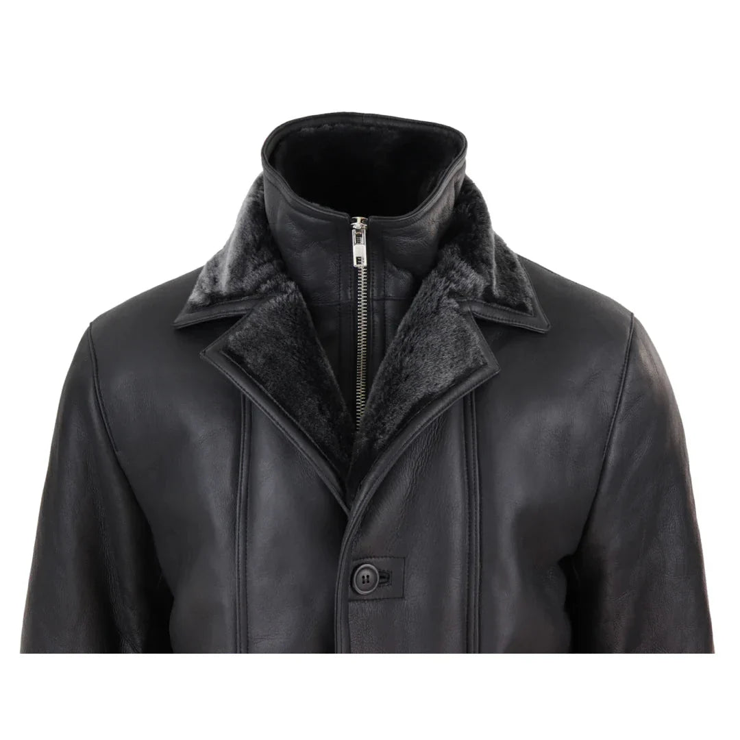 Men's 3/4 Duffle Jacket Sheepskin Long Button Zip Warm - Black