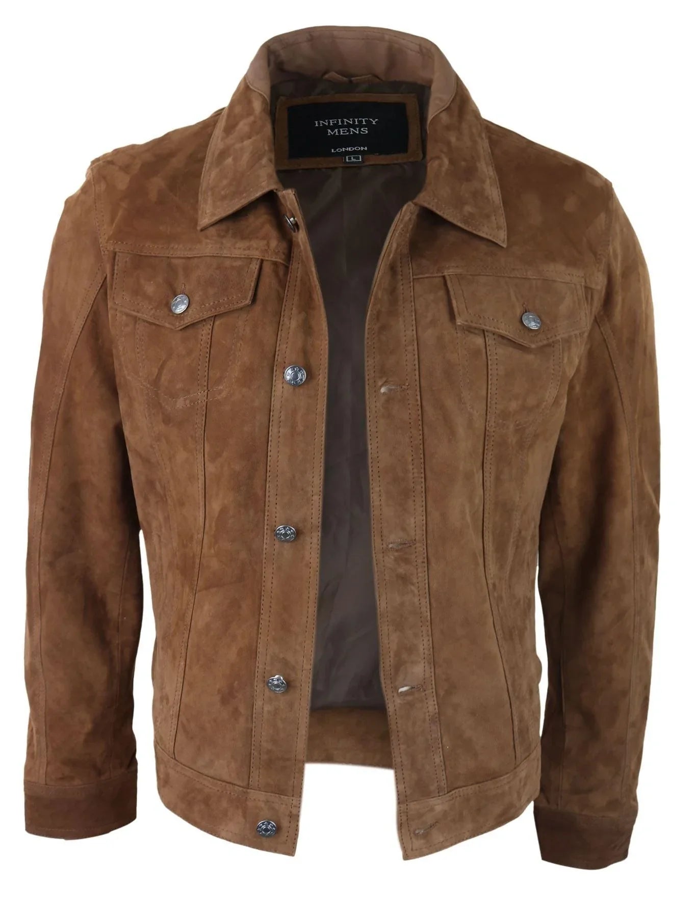 Mens Genuine Suede Jacket Leather Jeans Denim Short Mens Biker Classic Vintage Tan