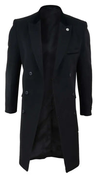 Mens 3/4 Long Double Breasted Black Overcoat