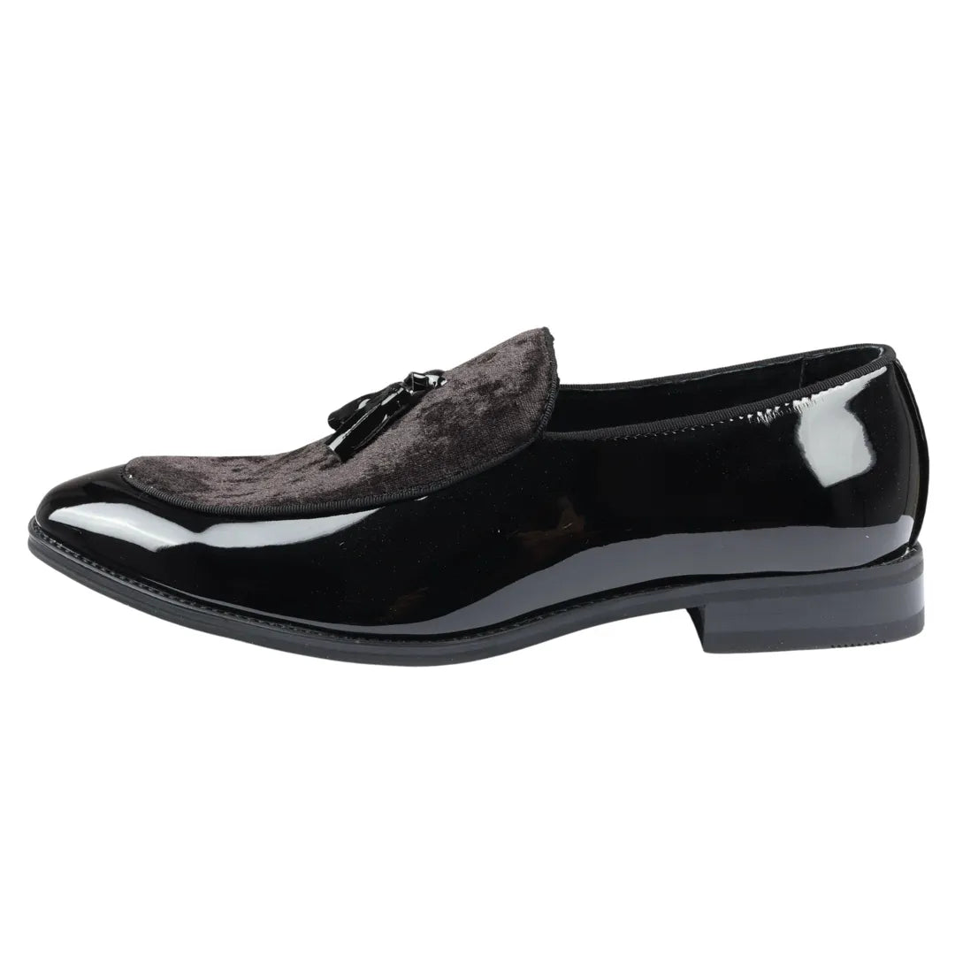 Men's Slip On Tassel Velvet Detailed Patent Black Loafers: Buy Online - Happy Gentleman Men's Slip On Tassel Velvet Detailed Patent Black Loafers: Buy Online - Happy Gentleman
