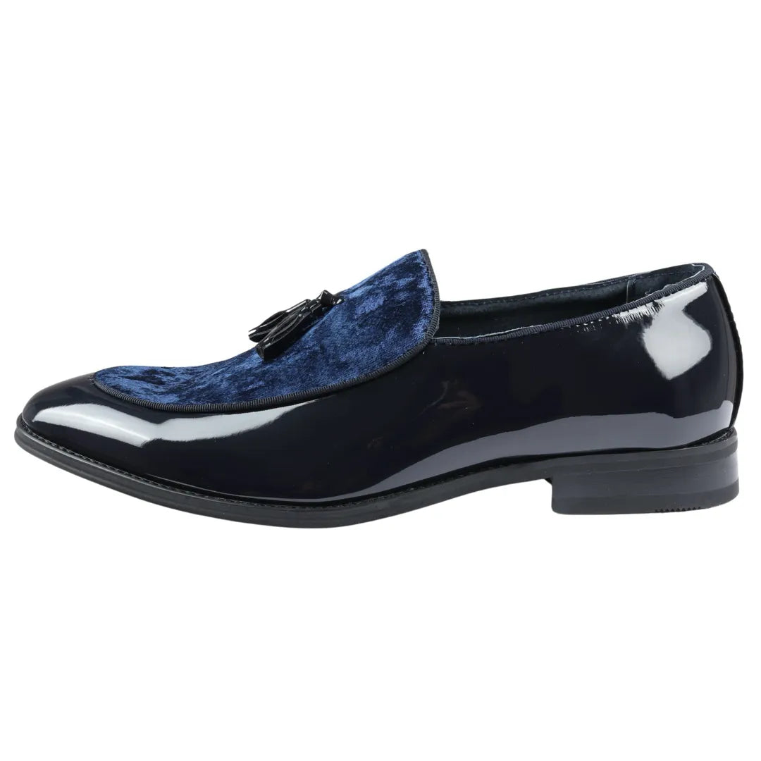 Men's Slip On Tassel Velvet Detailed Patent Navy Loafers Men's Slip On Tassel Velvet Detailed Patent Navy Loafers