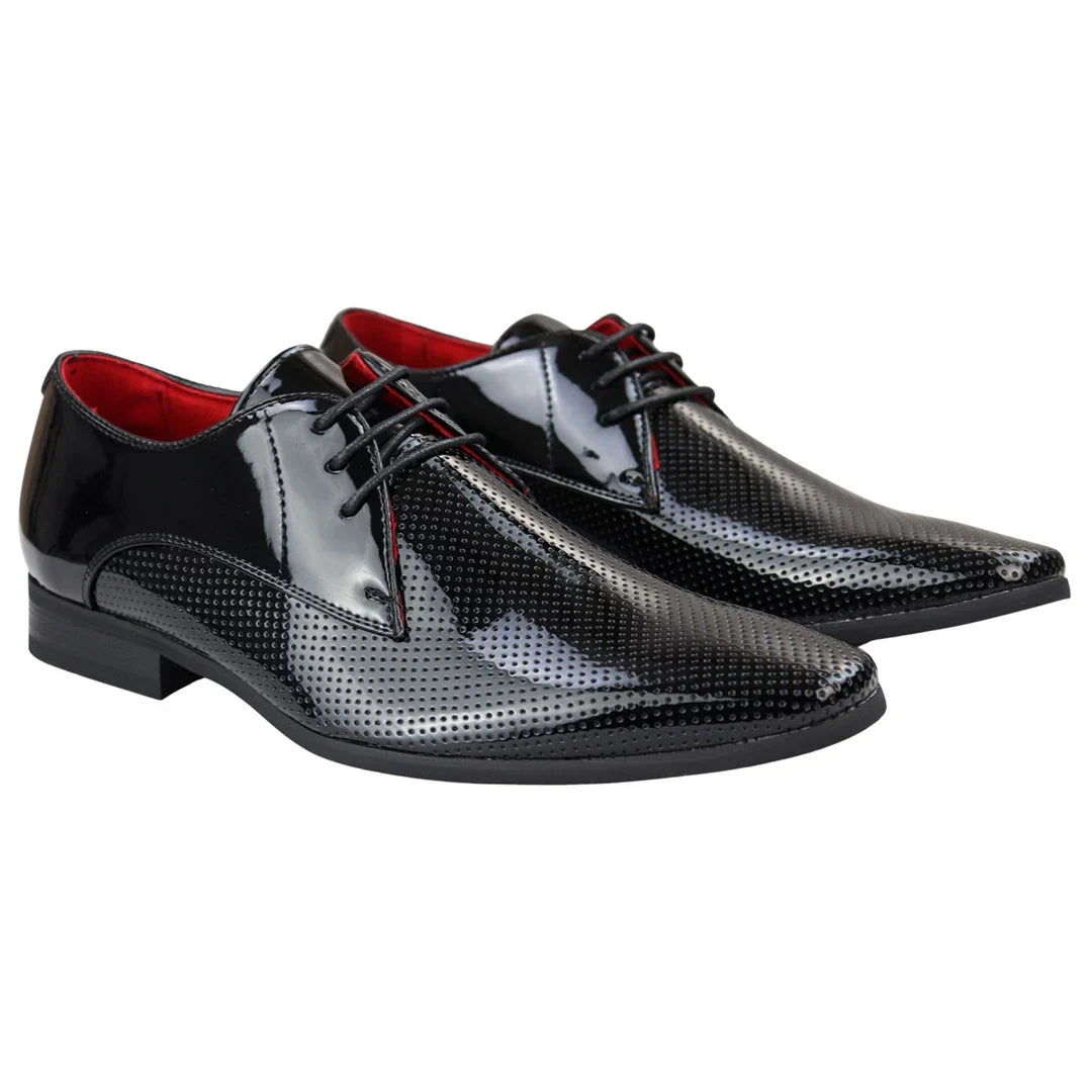 Mens Shoes Smart Formal Perforated Pointed Laced Black Patent Leather PU