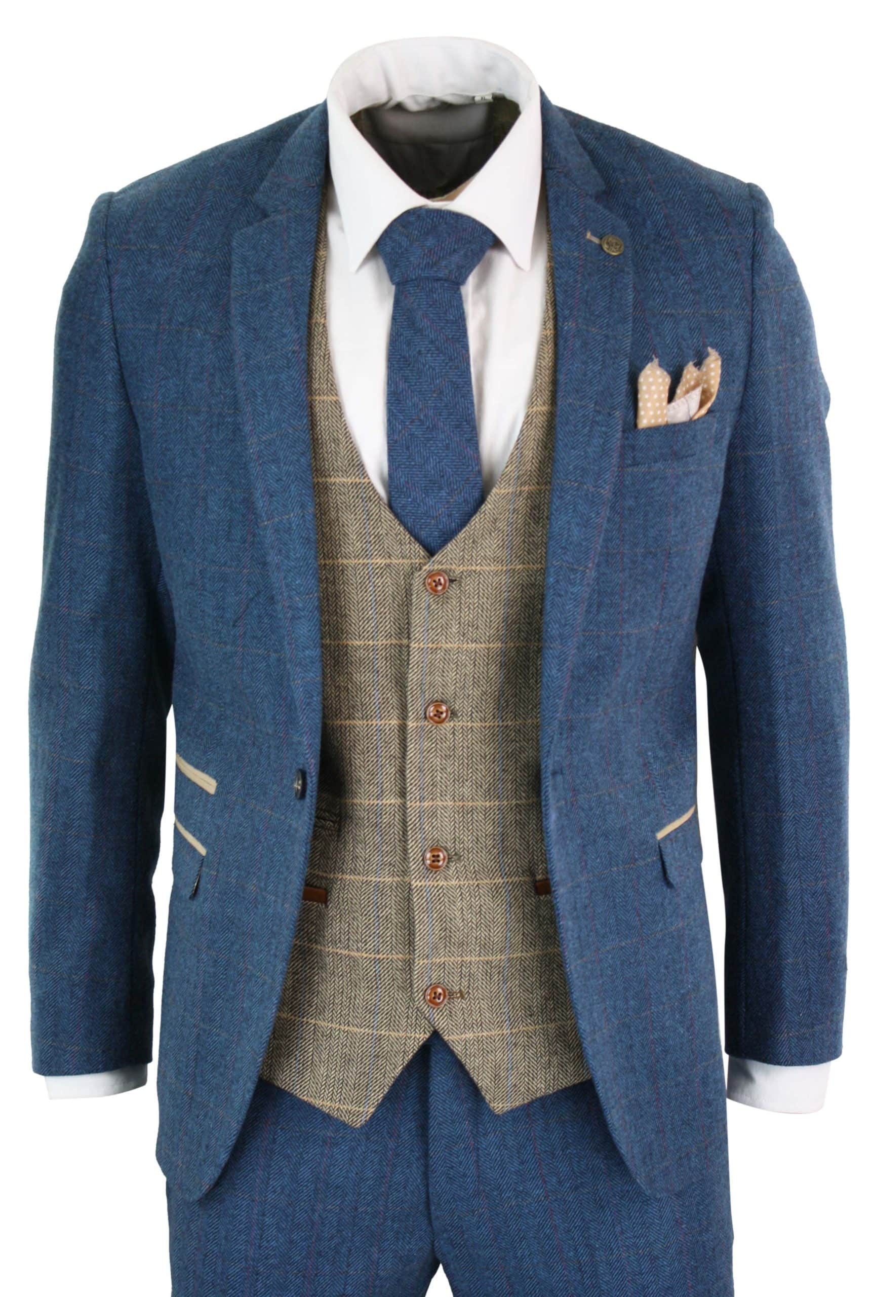 Marc Darcy Dion Mens Blue Tan Brown Piece Herringbone Tweed
