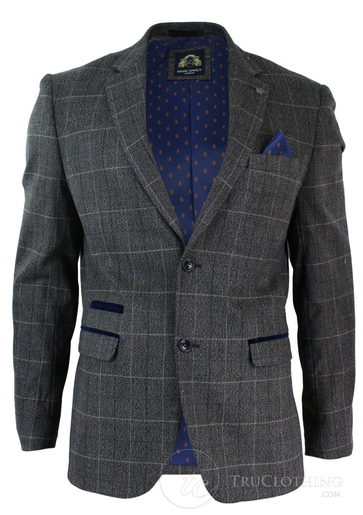 Mens Grey Check Herringbone Tweed Vintage Fit Blazer Jacket Blue