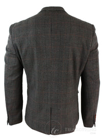 Mens Grey Check Herringbone Tweed Vintage Fit Blazer Jacket Blue Velvet Trim-Tan